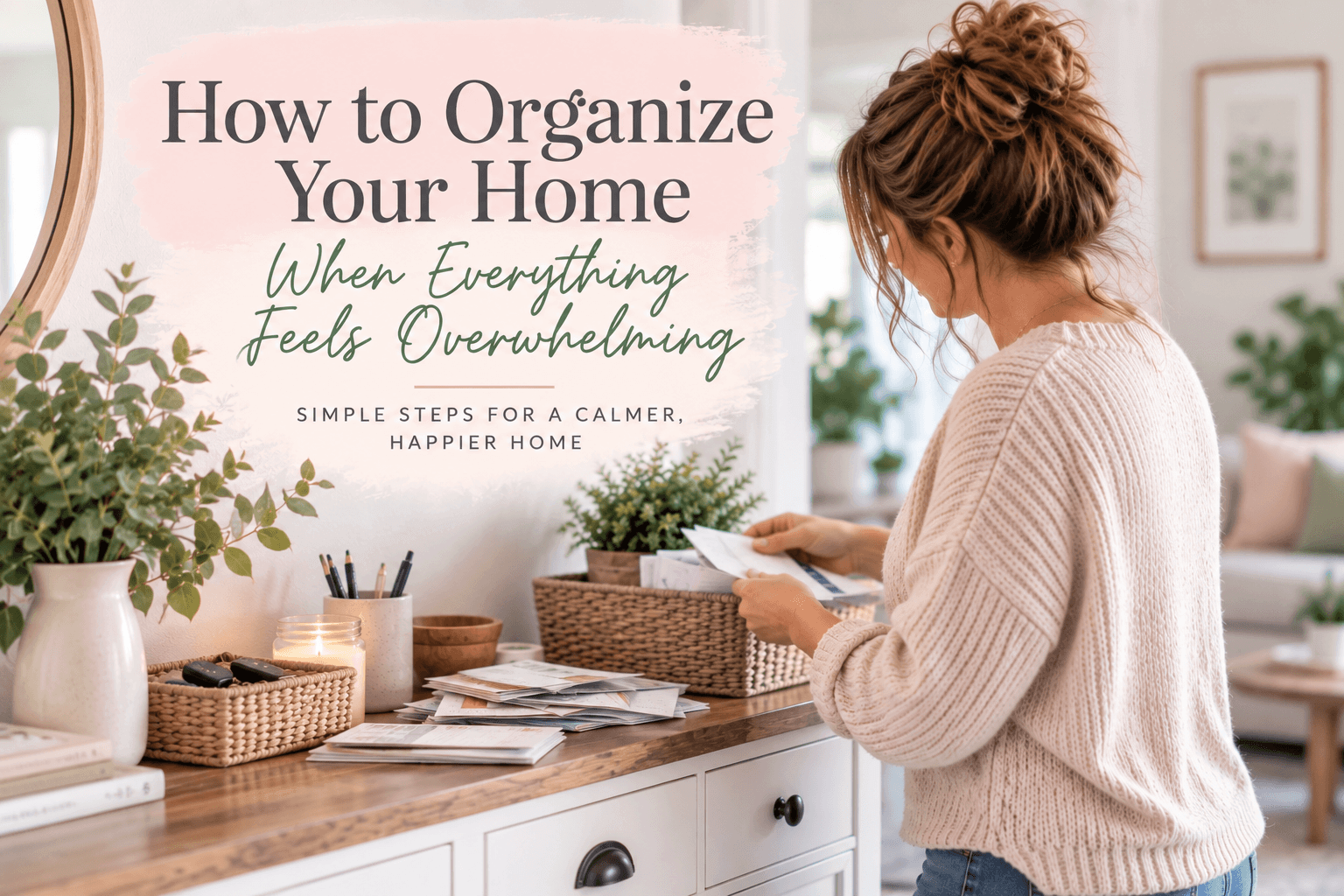 A woman organizes papers on a wooden dresser under the text How to Organize Your Home When Everything Feels Overwhelming: Simple steps for a calmer, happier home.