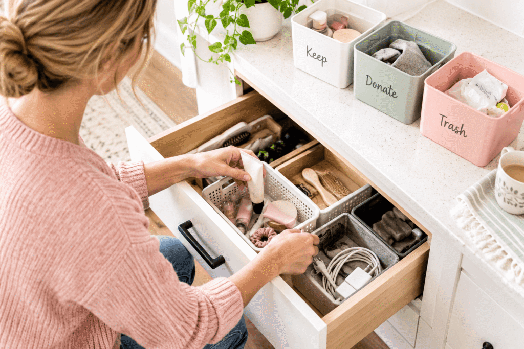 A woman sorting through a drawer to declutter and organize small everyday items using keep, donate, and trash bins.
