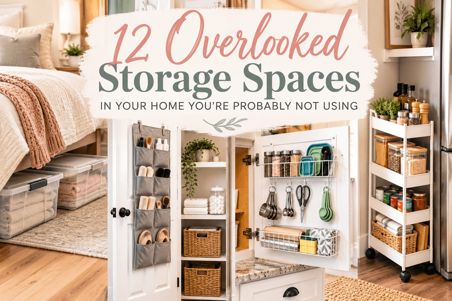 Text overlay reads 12 Overlooked Storage Spaces In Your Home Youre Probably Not Using, shown above images of under-bed bins, a cabinet door organizer, and a rolling kitchen cart.