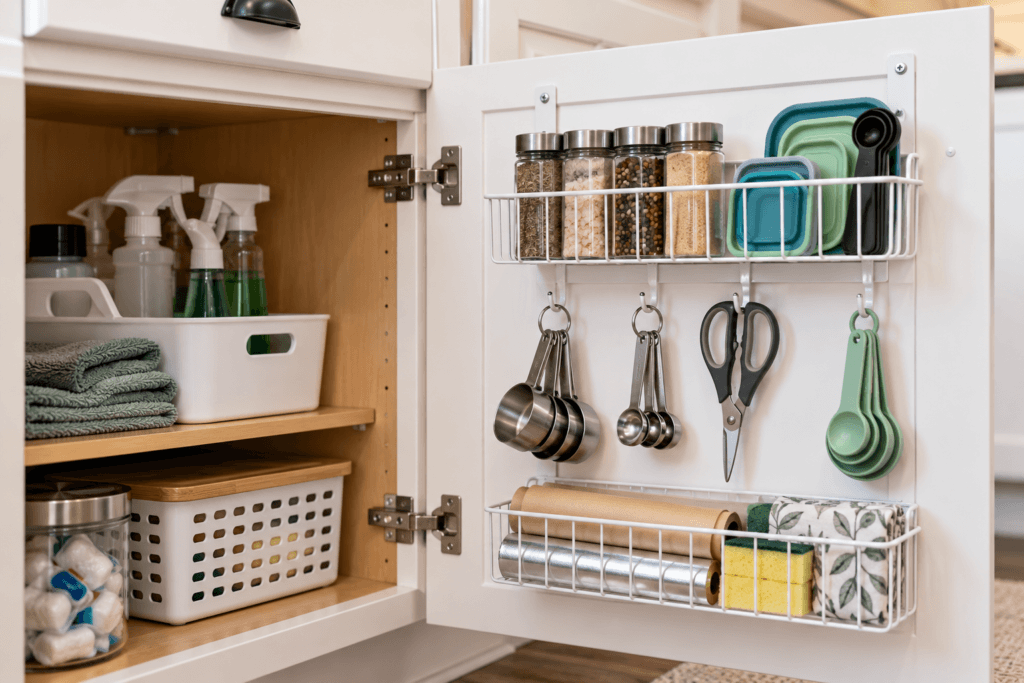 Overlooked storage space inside a kitchen cabinet door used for measuring tools, spices, and kitchen supplies