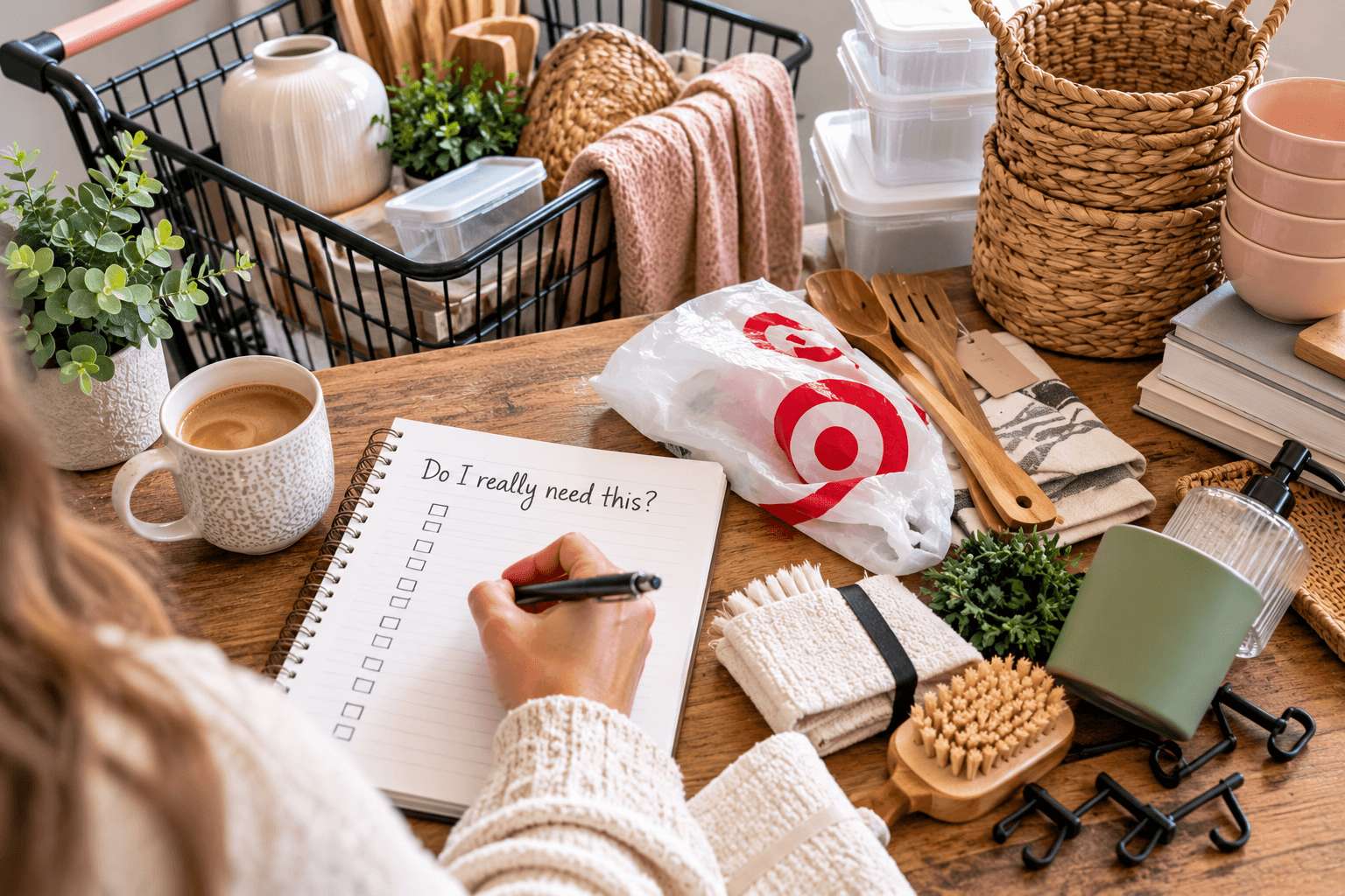 A person writes Do I really need this? on a checklist while considering things to stop buying for a more organized home, surrounded by various household items and a Target plastic bag on a wooden table.
