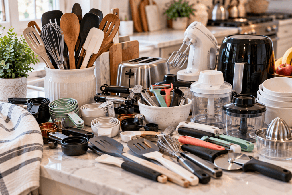 Kitchen counter crowded with duplicate utensils, measuring cups, gadgets, and small appliances