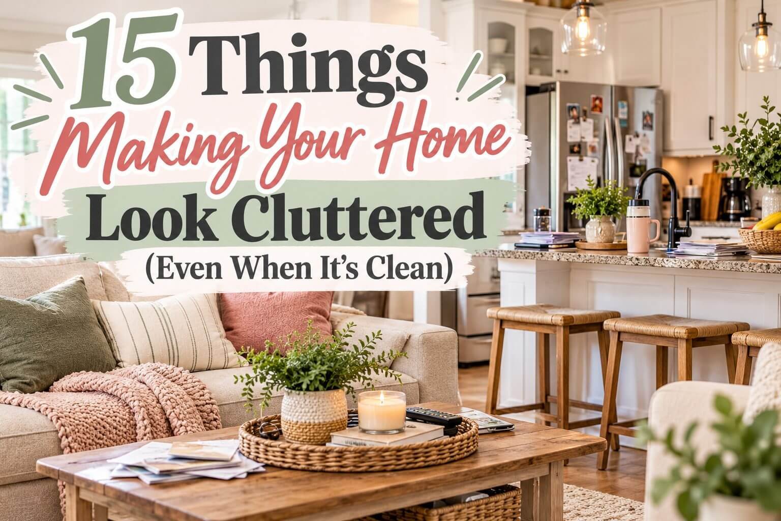 A cozy living room and kitchen interior with an overlay reading: 15 Things Making Your Home Look Cluttered (Even When It’s Clean).