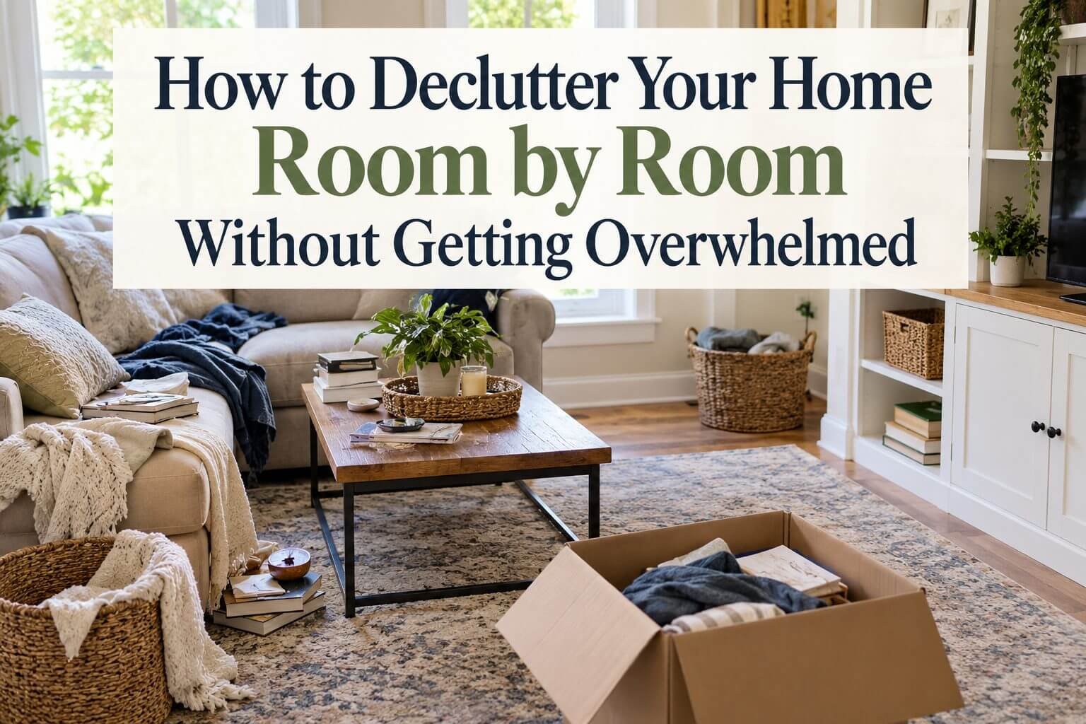 A living room containing a cardboard box of items to donate, overlaid with the text: How to declutter your home room by room without getting overwhelmed.