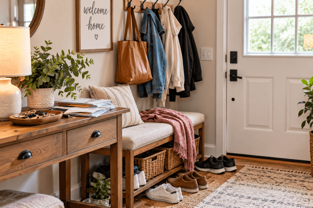 Entryway with shoes, bags, jackets, keys, and mail creating everyday visual clutter