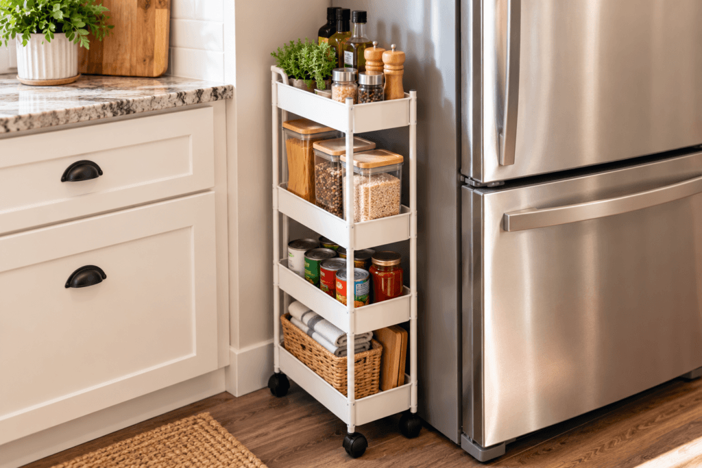 Slim rolling storage cart using overlooked storage space between a refrigerator and kitchen cabinet