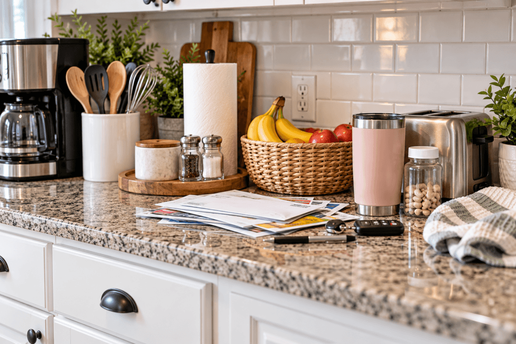 Kitchen counter with everyday items creating visual clutter including mail, appliances, keys, and other household items