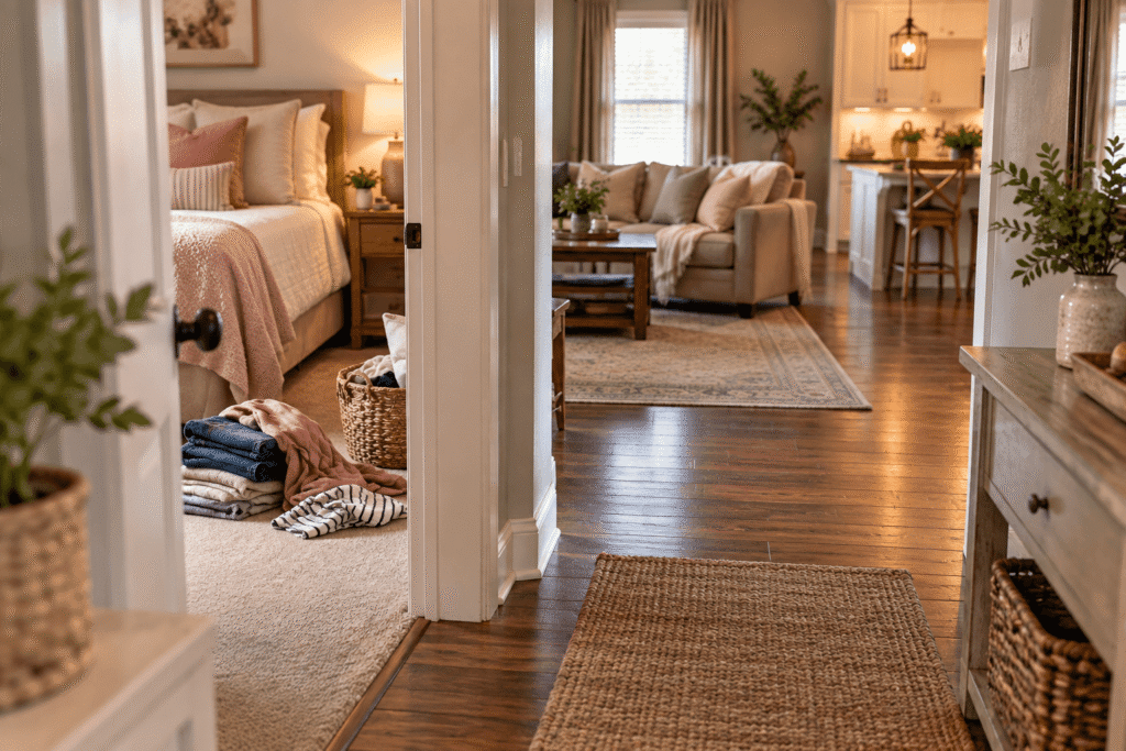A room-by-room home decluttering guide showing a diagram of a bedroom, living room, and kitchen layout for organized spaces.