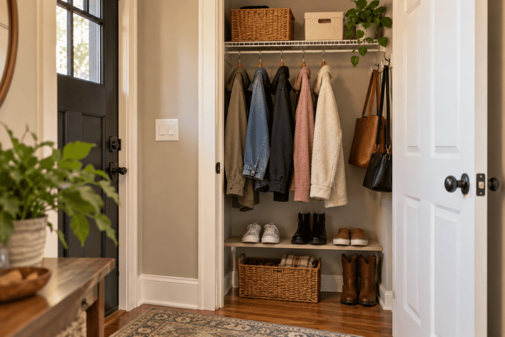 An organized entryway closet featuring hanging coats, shoes, bags, and budget-friendly canvas storage baskets.